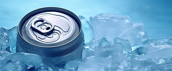 Top of drink tin can iced submerged in frost ice, metal aluminum beverage.