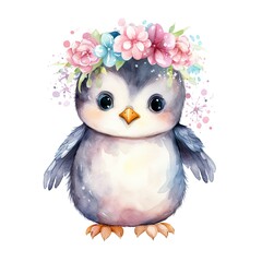 Watercolor fantasy Baby Penguin clip art isolated white background.