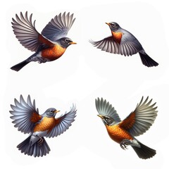 A set of male and female American Robins flying isolated on a white background