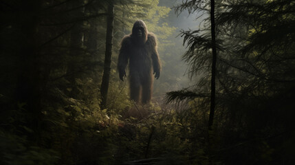 bigfoot standing in forest clearing in distance - obrazy, fototapety, plakaty