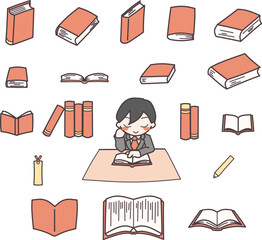 テーブルで読書する男性と、色々な角度から見た本のカラーイラストセット赤