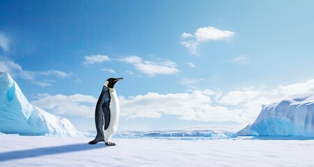 Penguin standing in Antarctica looking into the blue sky.