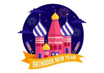 Happy Orthodox New Year Vector Illustration on 14 January with Church and Fireworks for Poster or Banner in Flat Cartoon Background Design - obrazy, fototapety, plakaty