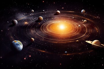 Our 3d Solar system with planets in orbits path.