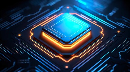 Top View of a Chip with Glowing Light and Fog in Orange and Blue.