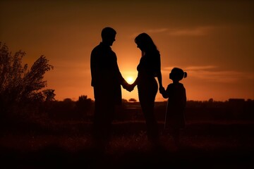 Fototapeta na wymiar Shadow of Happy family together, parents with their little baby at sunset. A Silhouette of Love and Unity.
