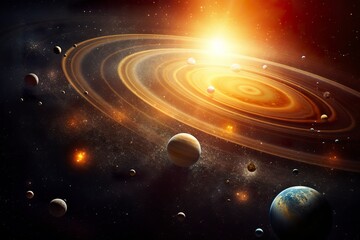Our 3d Solar system with planets in orbits path.