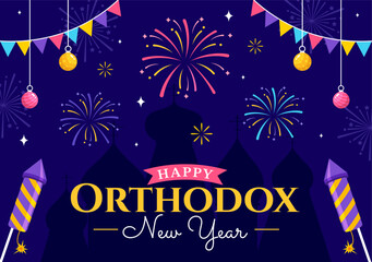 Happy Orthodox New Year Vector Illustration on 14 January with Church and Fireworks for Poster or Banner in Flat Cartoon Background Design - obrazy, fototapety, plakaty