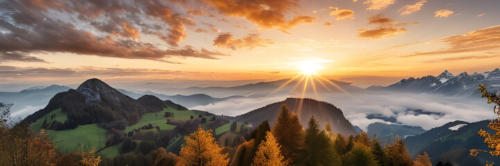 Naklejka na ściany i meble sunrise with autumn mountain ai generated