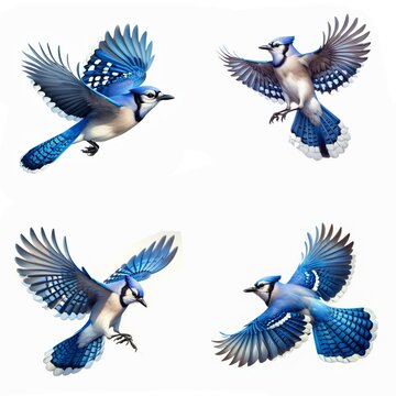 A set of male and female Blue Jays flying isolated on a white background
