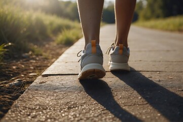 Close-up back view of a person running in sneakers on a paved path with sunlight.