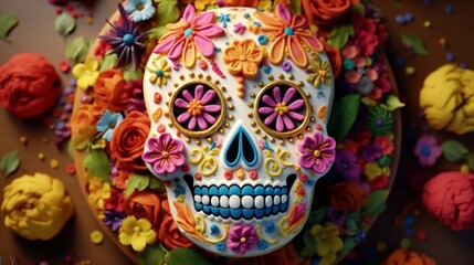 a sugar biscuit in the shape of a sugar skull decorated with sweets and edible flowers