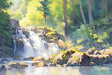 Watercolor scene of a cascading waterfall surrounded by rainforest.