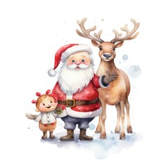 Cute Santa Claus standing with reindeer.