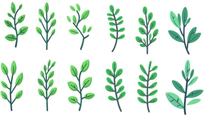 Cartoon branch with Green Leaves on Transparent Background, Flat Vector Illustration