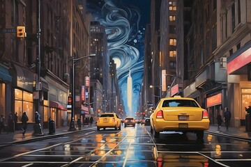 Enchanting Evening in New York: Captivating Nocturnal Skyline, Splendid Cityscape, Illuminated Streets, and Iconic Landmarks in Vibrant Watercolor and Oil. Generative AI