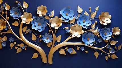 Elegant gold and royal blue floral tree with leaves and flowers hanging branches illustration background.