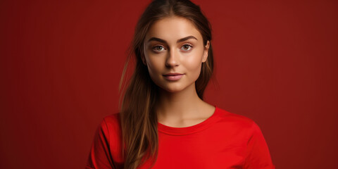 Beauty Girl in Red t-shirt on Red Background. Young Woman Brunette, look in camera, standing in red studio background
