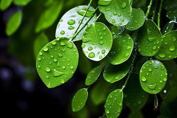 Green leaves with water droplets on them.