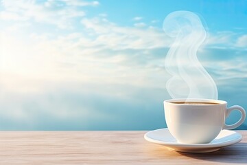 Hot coffee with smoke in the morning under blue sky.