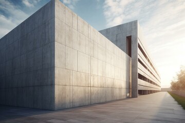 3D-rendered image showcasing the exterior of a concrete building. Generative AI