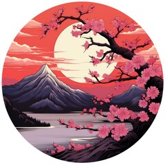 Cherry blossoms in the sunset background. Japanese tattoo style.