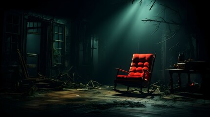 a red rocking chair in a scary room background