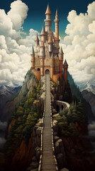 long stairway to fantasy castle on a mountain in epic fairytale landscape