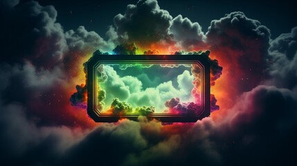 Abstract neon background in 3D with a stormy cloud and a hexagonal frame shining with different colors