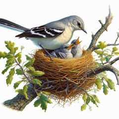 A female Northern Mockingbird tending to her 2 chicks in the nest isolated on a white background