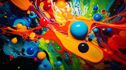 An abstract painting of a flying disc with three-dimensional color bubbles made of acrylic paint and oil pour serves as the background.