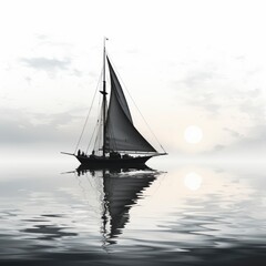 Sailboat On A Misty Morning Foggy Sailing Adventure, Cartoon Illustration Background
