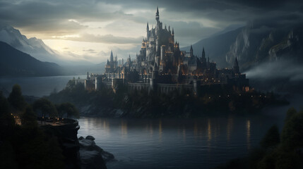 fantasy dark black castle fortress surrounded by epic lake water moat landscape at darn - obrazy, fototapety, plakaty