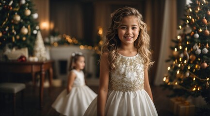 Young happy girl with white princess dress beside Christmas tree