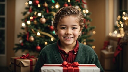 Portrait of a Happy child with Christmas gift boxes and Christmas tree in background
