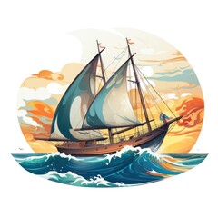 Sailboat With Dolphins Swimming Alongside Playful , Cartoon Illustration Background