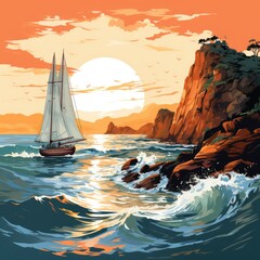 Sailing Along A Rocky Coastline Coastal Adventure , Cartoon Illustration Background