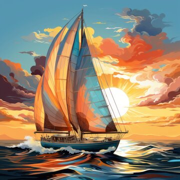 Sailboat With Colorful Spinnakers At Sunset Sunset , Cartoon Illustration Background
