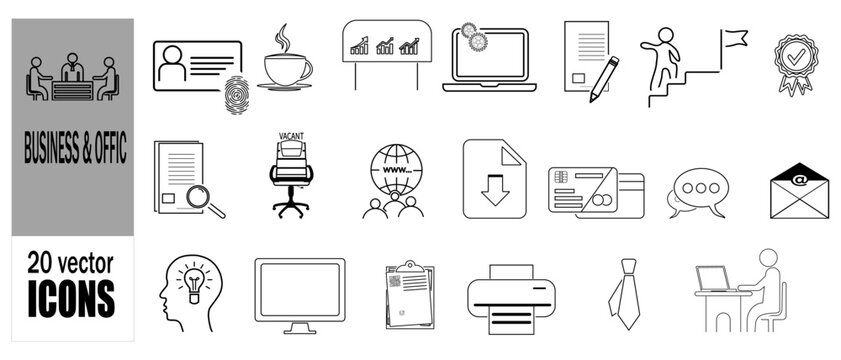 Set of 20 outline icons related to office, workspace, coworking. Linear icon collection. Editable stroke. Vector illustration