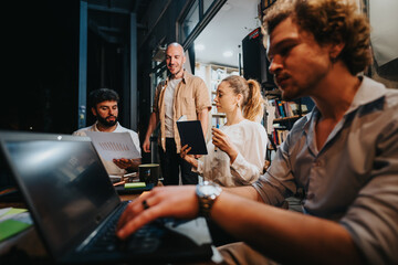 Business partners discussing project details and reviewing paperwork in a casual coffee bar. Confident and successful teamwork in a relaxed evening atmosphere.