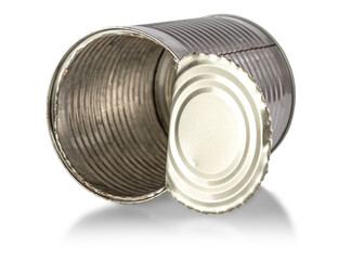 Opened empty iron chrome tin can on a white background. Aluminum trash on insulation.