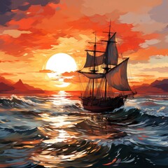 Sailing With A Fiery Red Sky Fiery Sunset, Cartoon Illustration Background