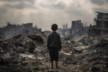 A child is standing in front of a destroyed building because of the war.