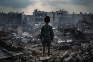 A child is standing in front of a destroyed building because of the war. - obrazy, fototapety, plakaty
