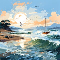 Naklejka premium Sailing With A Flock Of Seagulls Seagull Companions , Cartoon Illustration Background