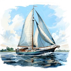 Sailing Yacht On Calm Blue Waters Classic Sailboat , Cartoon Illustration Background
