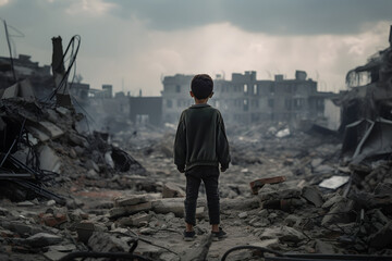 A child is standing in front of a destroyed building because of the war. - obrazy, fototapety, plakaty