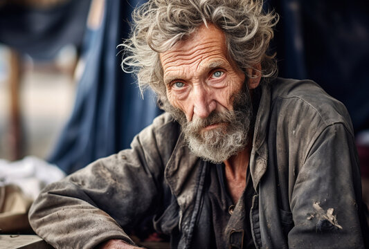 a homeless homeless old man in old clothes. AI generated images