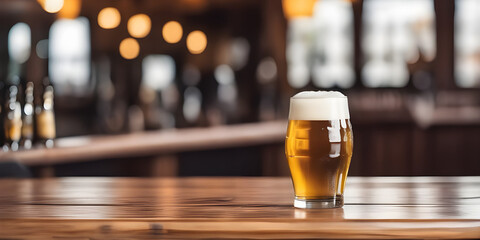 Wooden tabletop counter with Mug of beer with foam and splashes in front of bright. out of focus in pub. copy space