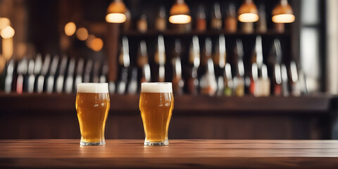 Wooden tabletop counter with Mug of beer with foam and splashes in front of bright. out of focus in pub. copy space